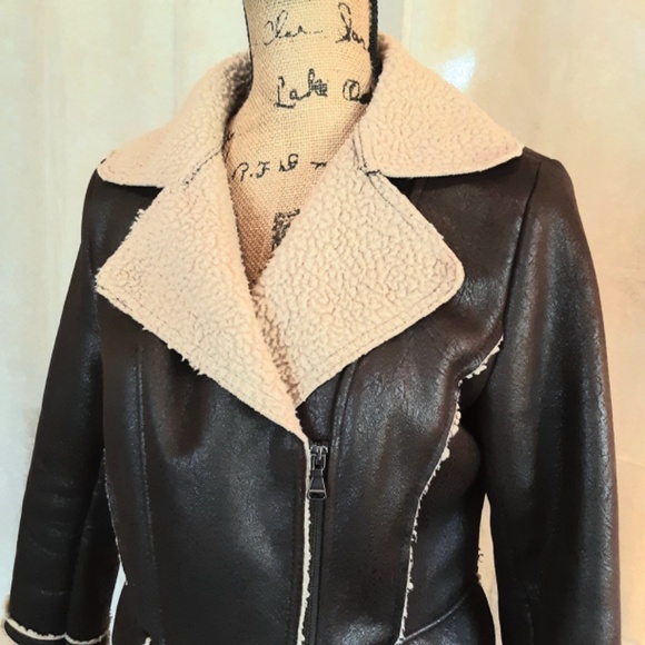 Women's Sherpa Lined Aviator Jacket Brown Faux Suede Sz S - Picture 3 of 14